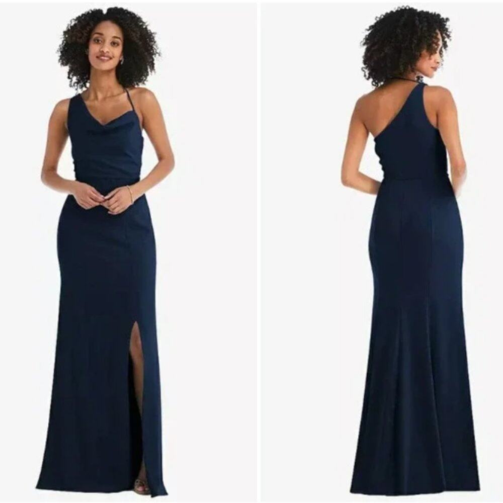 After Six Full Length One Shoulder Cowl Neck Dress